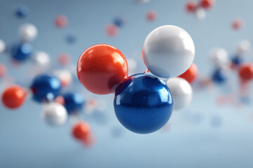 3D rendering of colorful molecular structures with red, blue, and white spheres representing atoms, floating in a soft-focus background