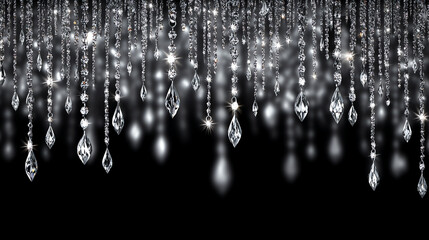 Sparkling crystal strands hang elegantly against a dark background, reflecting light and creating a shimmering, luxurious effect perfect for glamorous decor or festive occasions