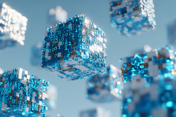 Floating digital cubes composed of binary code in a futuristic, blue-toned environment, symbolizing data, technology, and digital innovation