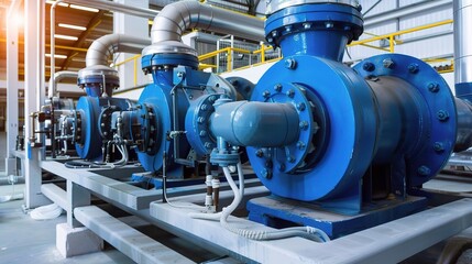 Centrifugal pump with a metallic silver and black body, installed in an industrial facility or water treatment plant to transfer liquids like water, oil, or chemicals