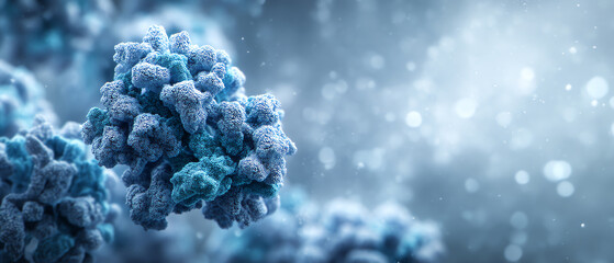 Close-up 3D illustration of a virus particle with a textured, spiky surface in shades of blue against a blurred background with floating particles