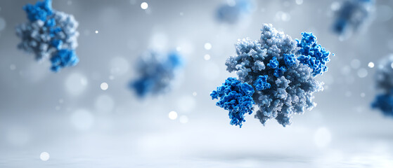3D rendering of molecular structures, highlighting complex protein formations in shades of blue and gray against a soft, blurred background