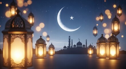 Obraz premium Ramadan Mubarak Illuminated Crescent and Mosque Silhouette