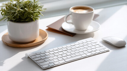 Morning workspace with coffee, keyboard, mouse, and a plant in bright natural light
