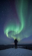 Person Admiring Aurora Borealis in Winter