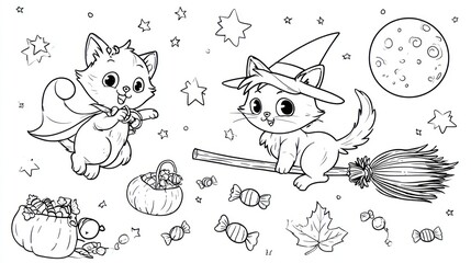 Cute Halloween cats, stars, moon, broom, and treats