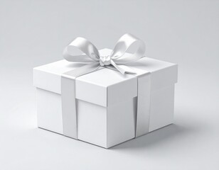 Obraz premium Square White Gift Box with Silver Ribbon on Light Gray Background