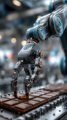 Advanced robotic arm performing precise chocolate pouring in a high-tech factory setting