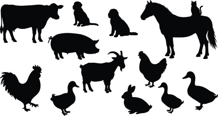 Farm Animal Silhouettes Collection Including Cow, Horse, Dog, Cat, Chicken, Pig, Goat, Duck, Bunny, and Rooster