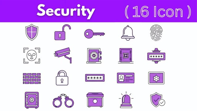 Collection of security icons in a grid isolated on white background