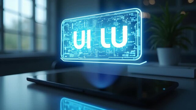 Futuristic UI LU Hologram Displayed Above Tablet.