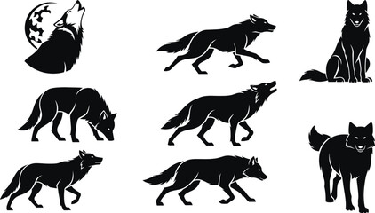 Flat vector illustration of wolves in various poses, howling wolf with moon, walking wolf, standing wolf, wild animal silhouettes, forest wildlife icons, strong nature animal collection
