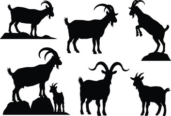 Silhouette of mountain goats standing, climbing, and resting on rocks, wild goats vector illustration, nature, wildlife, rugged terrain, animal silhouette, outdoor landscape.