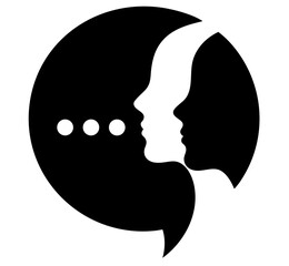 Communication and dialogue icon, abstract speech bubble with human faces, teamwork and conversation symbol for psychology