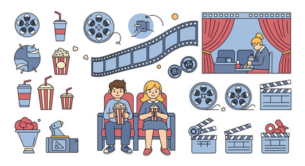 Collection of classic cinema and entertainment icons featuring movie goers and snacks