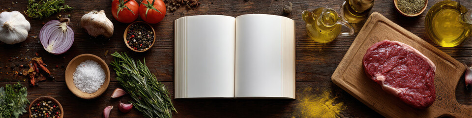 Open cookbook surrounded by fresh ingredients like herbs, spices, and raw meat on rustic wooden table
