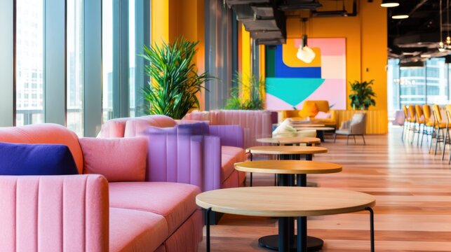 Modern coworking space with colorful furniture, plants, and abstract art, promoting collaboration and creativity