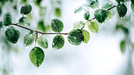 Icy green leaves on branch