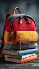 Colorful backpack placed on stacked books in a cozy study environment