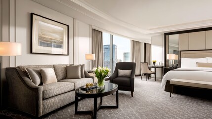 Luxurious hotel suite featuring elegant furniture, city skyline view, and vibrant floral arrangement