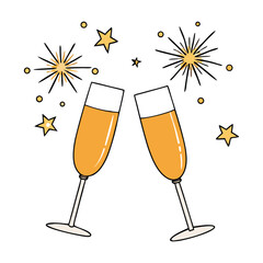 Golden champagne bubbles rise in elegant glasses, a bottle nearby ready to pour, capturing the sparkle, joy, and celebration of New Year’s Eve in timeless style.
