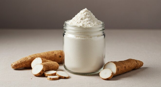 Arrowroot Flour in a stylish glass jar set on a clean neutral linen cloth