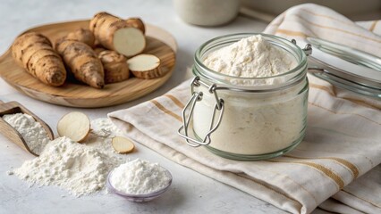 Arrowroot Flour in a stylish glass jar set on a clean neutral linen cloth