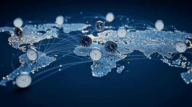 World map with clocks marking different time zones and connection lines on blue - Powered by Adobe