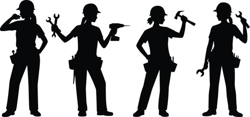 Silhouettes of female construction workers with tools, hard hats, working poses, women in trades, isolated on white background