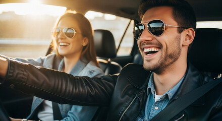 A couple drove along in the sunshine, filled with laughter and joy