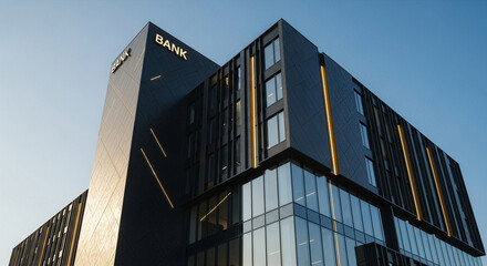 A grand modern bank building features dark matte facades adorned with sharp geometric lines, accented by understated gold decorative lighting