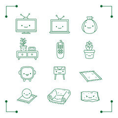 Cute Home Decor Doodles TV Plants Remote Rugs and Cozy Armchair.