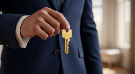 A man in a dark blue suit holds a golden key, which symbolizes ownership and opportunity