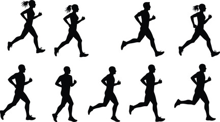 Silhouette vector illustration of running men and women in active jogging poses, promoting fitness, healthy lifestyle, exercise, sport, and movement concept
