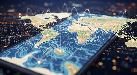 A minimalist modern visualization of global network connectivity. The world map is outlined with subtle contour lines, set against a deep, hazy backdrop formed by city lights