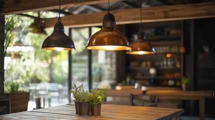 Rustic dining area with metal pendant lamps above the table