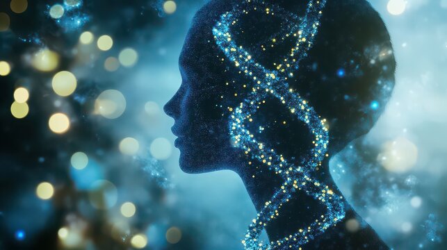 Silhouette of a human head with a dna double helix overlay and bokeh lights background in blue tones