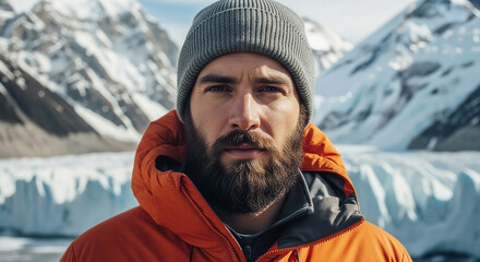 A portrait of an explorer, deep within a frozen wilderness. The light reflecting off his beard stands in stark contrast to the icy blue and pure white of the glaciers on the mountains behind him