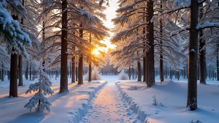 Golden sunbeams illuminate a snowy forest path, creating a serene winter wonderland. - Powered by Adobe