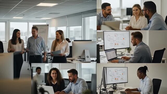 Montage of office scenes featuring diverse professionals working and collaborating