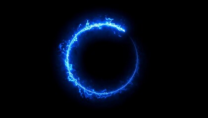 A vibrant, glowing blue ring of energy floats against a stark black background, its edges crackling
