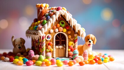 A vibrant gingerbread house covered in colorful candies, nestled amongst various jelly beans with toy dogs