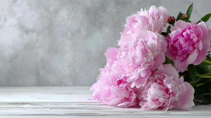 Pink peonies on light wooden surface