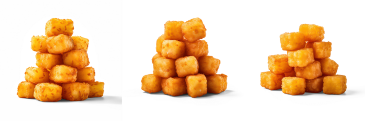 Three piles of tater tots on a transparent background