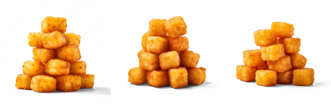 Three piles of tater tots on a transparent background