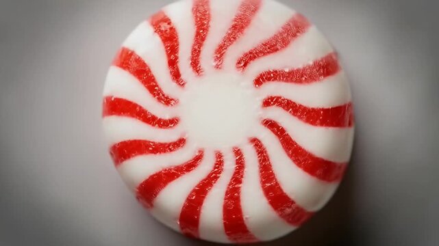 Close-up of a white and red peppermint candy with a swirl pattern on a gray background