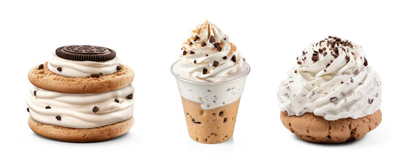 Three different ice cream desserts with chocolate chips and whipped cream.