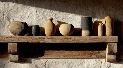 Rustic shelf decorated with pottery