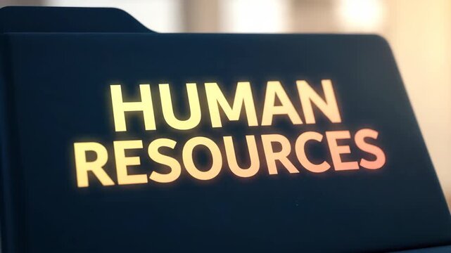 Human resource folder with glowing text and black folder with white label showing diverse human icons symbolizing business management, professional organization, office work, and document support