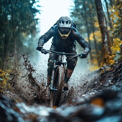 A mountain biker splashes through muddy terrain, surrounded by trees, showcasing an adventurous outdoor experience in wet conditions.